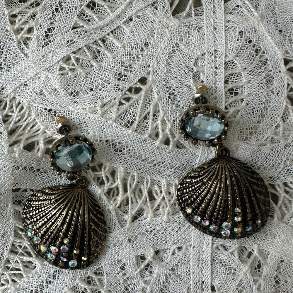 Beach Boho Dangling Seashell Rhinestone bronze earrings